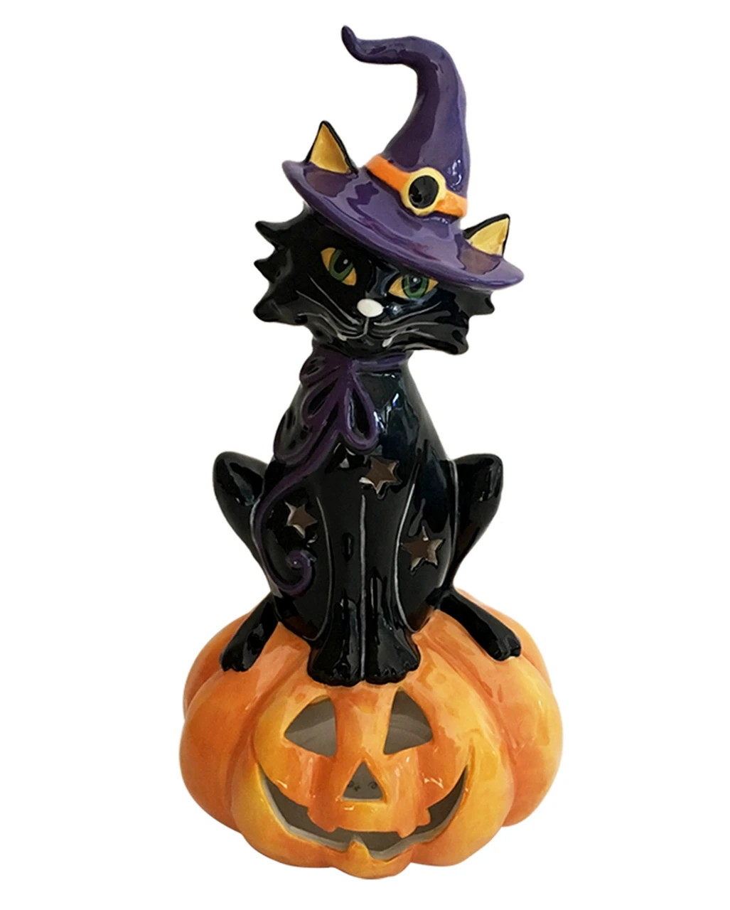 Schwarze Katze Auf Halloween Kürbis Teelichthalter 29cm